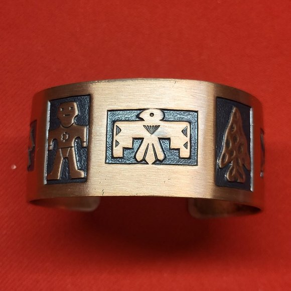VTG Embossed Copper Bangle Bracelet Navajo Thunderbird Arrowhead Native American - Picture 1 of 14